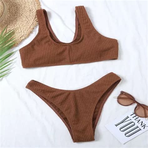 Conjunto De Bikini De Color Liso Acanalado Para Mujer Meses sin interés