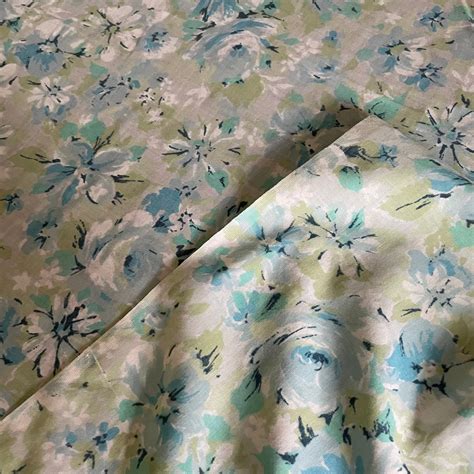 Vintage 1960s 1970s Blue Green Floral Twin Flat Sheet Grants Bedding