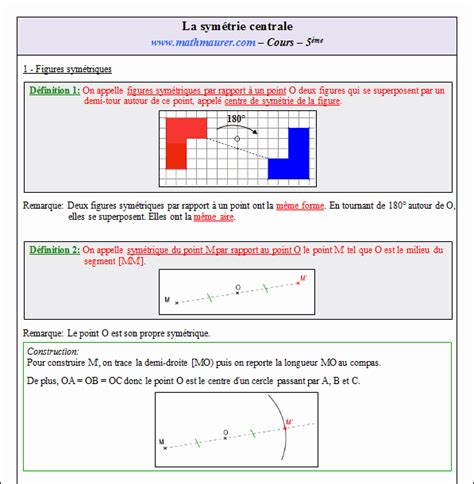 Cours sur la symétrie centrale en cinquième