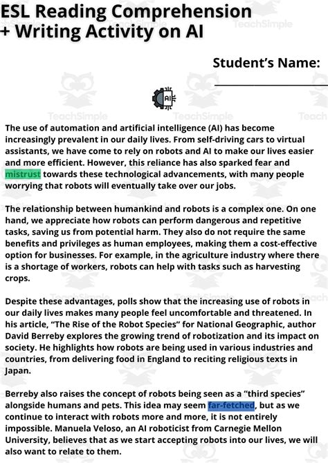 Esl Reading Writing Activity Worksheet Artificial Intelligence By Teach Simple