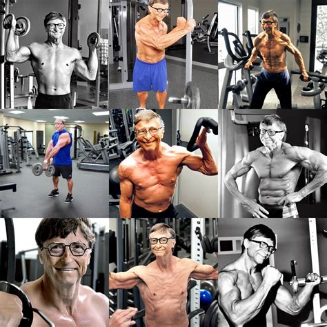 Very Muscular Shirtless Bill Gates Pumping Iron Photo Stable Diffusion