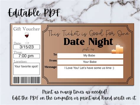 Date Night Gift Certificate Voucher For Couple Printable Date Night