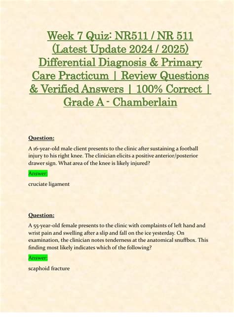 Week 7 Quiz: NR511 / NR 511 (Latest Update 2024 / 2025) Differential