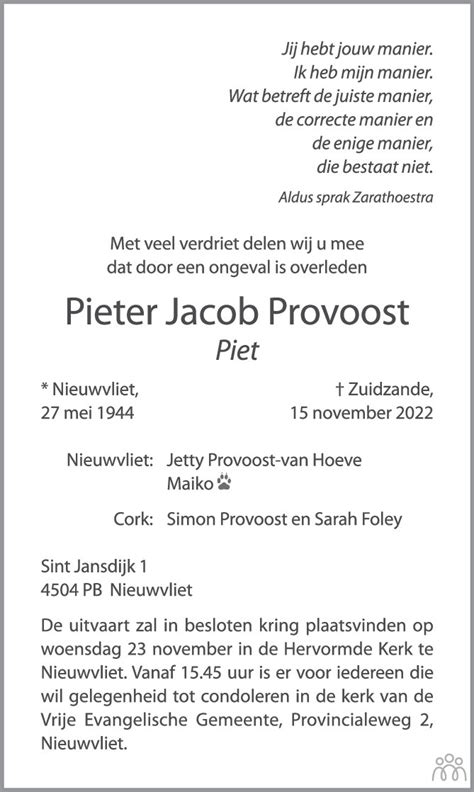 Pieter Jacob Piet Provoost 15 11 2022 Overlijdensbericht En