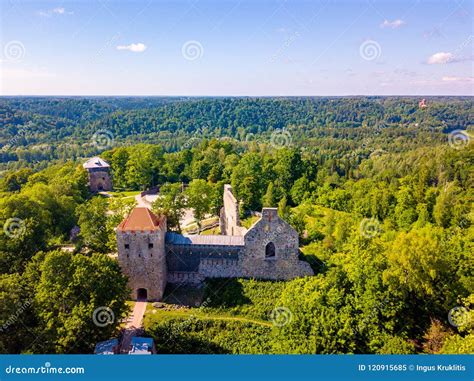 Aerial View On Beautiful Famous New Castle In Sigulda Latvia Editorial