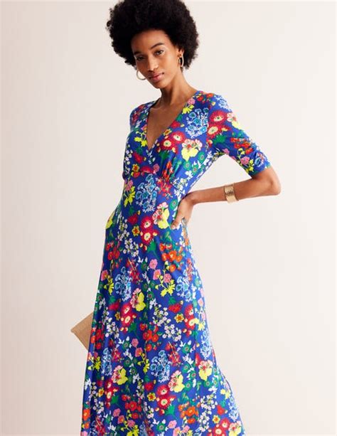 Rebecca Jersey Midi Tea Dress Blue Wildflower Cluster Boden Uk