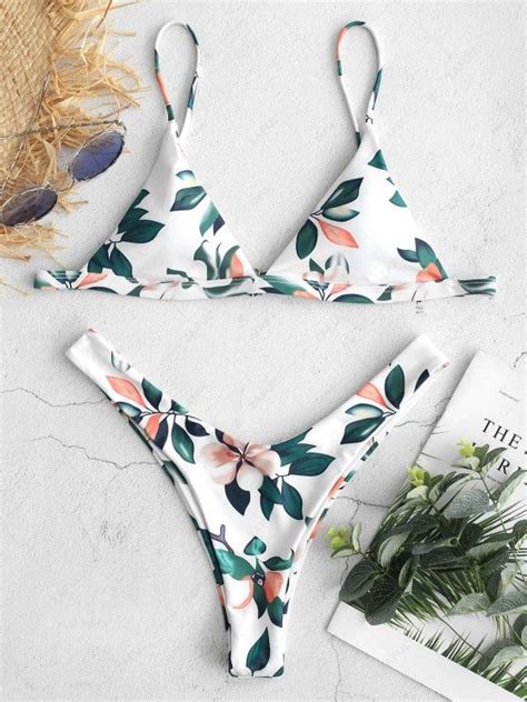 43 OFF 2021 ZAFUL Leaf Print High Leg Bikini Set In WHITE ZAFUL