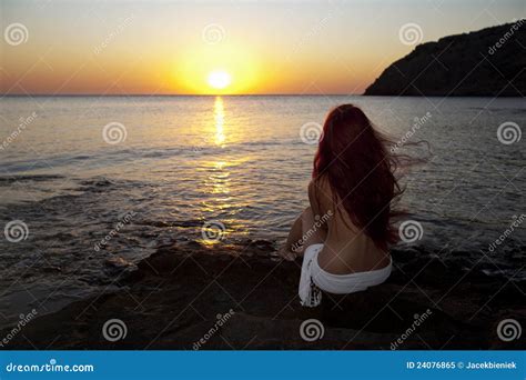 Naked Woman Watching Sunrise Stock Image Image Of Beach Back 24076865