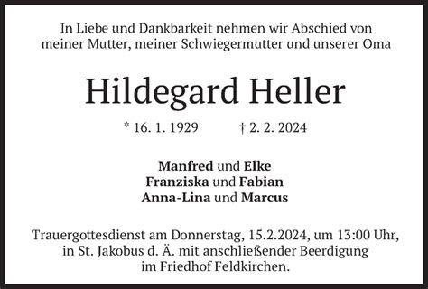 Traueranzeigen Von Hildegard Heller Trauer Merkur De