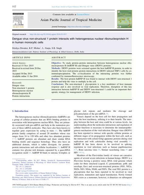 PDF Dengue Virus Non Structural 1 Protein Interacts With