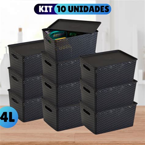 Kit 10 Cesto Caixa Organizadora Rattan Tampa 4 Litros Preto