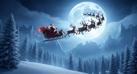 santa claus flying   sleigh pulled  reindeer   full moon