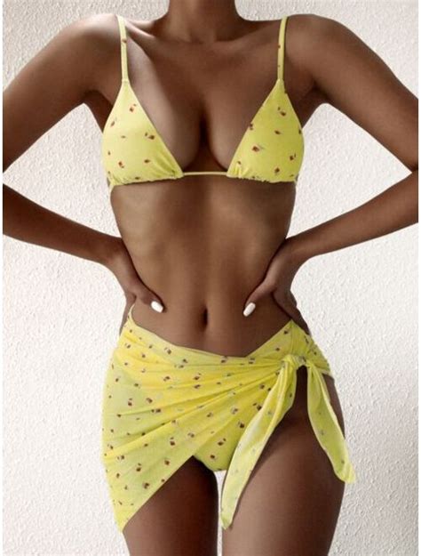 Buy Shein Pack Floral Triangle Bikini Swimsuit With Beach Skirt Online