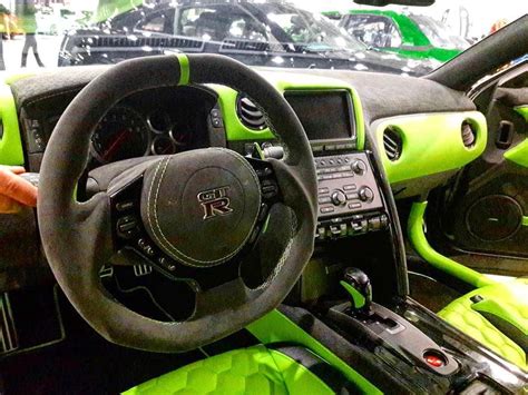 Nissan GT-R custom interior lime green and black hexagon stitch pattern ...