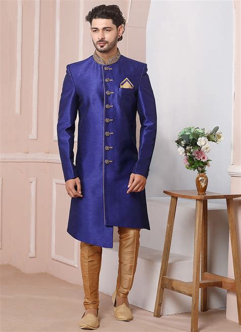 Dark Purple New Ethnic Wear Mens Banarasi Silk Indo Western Collection