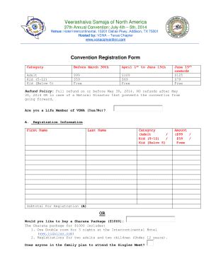 Fillable Online Convention Registration Form Or Veerashaiva Samaja Of