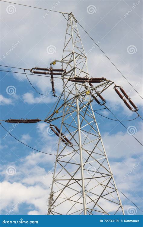 High Voltage Electric Pole With Wires Line Of Electricity