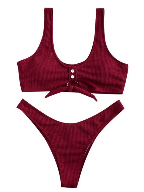 Zaful Ribbed Button Embellished Keyhole Bikini Set Red Wine In 2022