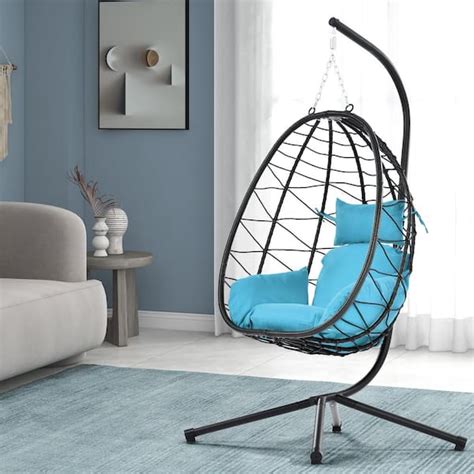 Afoxsos Black Steel Egg Chair with Stand, Swing Chair, Patio Wicker Hanging Basket Chair ...