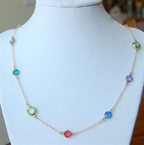 Multi Colored Swarovoski Crystal And Gold Station Necklace Via