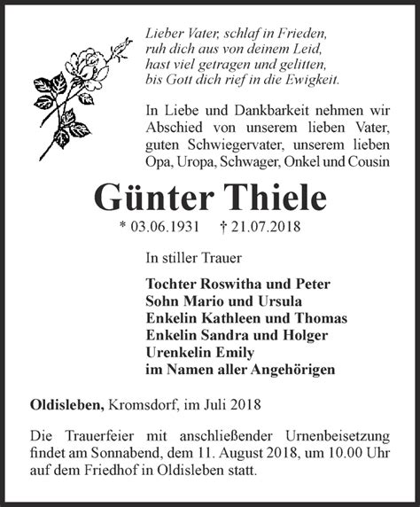 Traueranzeigen Von G Nter Thiele Trauer In Thueringen De