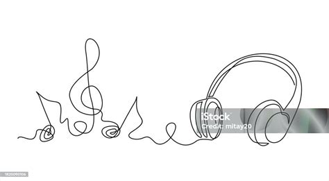 One Line Headphones Continuous Drawing Of Music Gadget And Note Audio Headphone Outline Sketch