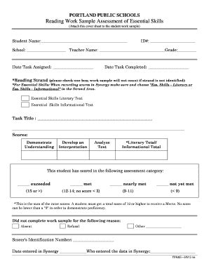 Fillable Online Pps K12 Or Reading Work Sample Entry Sheet Portland