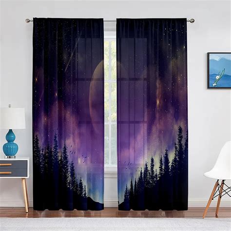 Night Sky Moon Stars And Forest Lake Sheer Voile Curtains For Bedroom Living Room Kitchen Tulle