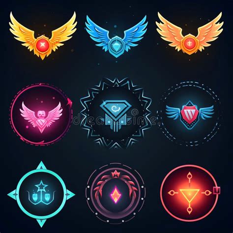 Vector Set Of Emblems With Wings And Pentagrams On Dark Background