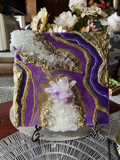 Quartz Crystal Resin Purple and Gold Geode Artwork 3D Wrap Around