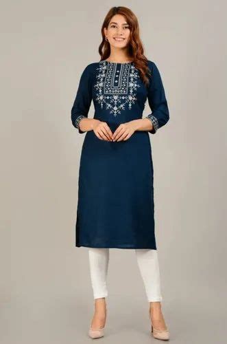 Knee Long Round Neck Fusion Threads Rayon Embroidered Kurta For Women