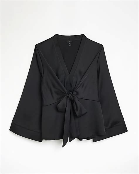 Plus Black Satin Tie Front Blouse River Island