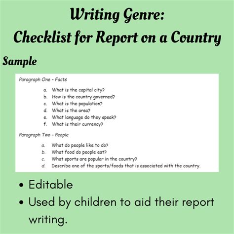 Mash 3rd 4th Class Writing Genre Checklist Report On A Country