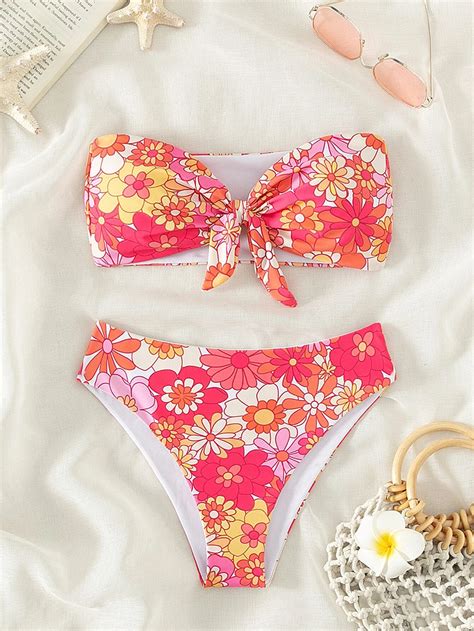 Bikini Set Mit Blumenmuster Bandeau BH Mit Knoten Vorne Und Unterteil