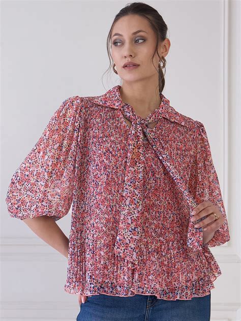 Buy Antheaa Elit Floral Print Tie Up Neck Puff Sleeve Crepe Shirt Style