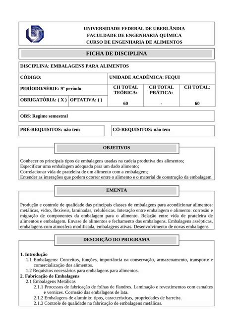 Pdf Ficha De Disciplina Ea Feq Ufu Br Produ O E Controle De