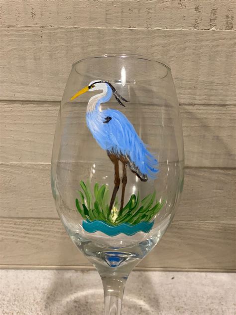 Hand Painted Bird Art With Blue Heron Wine Glass 1 Wine Glass