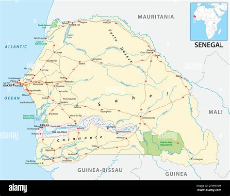 Carte routière vectorielle de l'État d'Afrique de l'Ouest du Sénégal Image Vectorielle Stock - Alamy