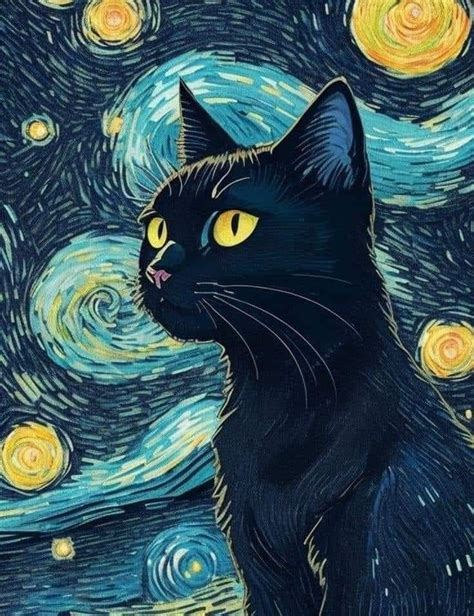 A Black Cat With Yellow Eyes Sitting In Front Of A Starry Night Sky