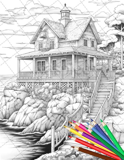 A Drawing Of A House On The Shore With Colored Pencils In Front Of It