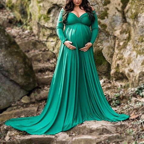 Maternity Off The Shoulder Chic Blue White Maxi Green Photoshoot Dress