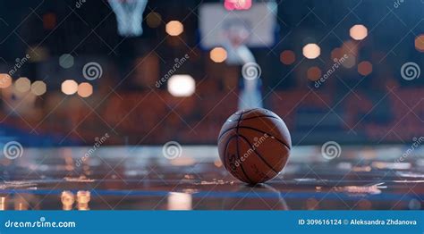 Basketball Close Up Blurry Basketball Court And Hoop In The Background