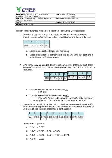 Tarea 1 Estadistica Y Pronosticos Nombres Alejandro Guerrero Cavazos