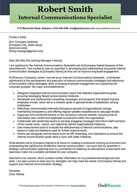 Internal Communications Specialist Cover Letter Examples QwikResume