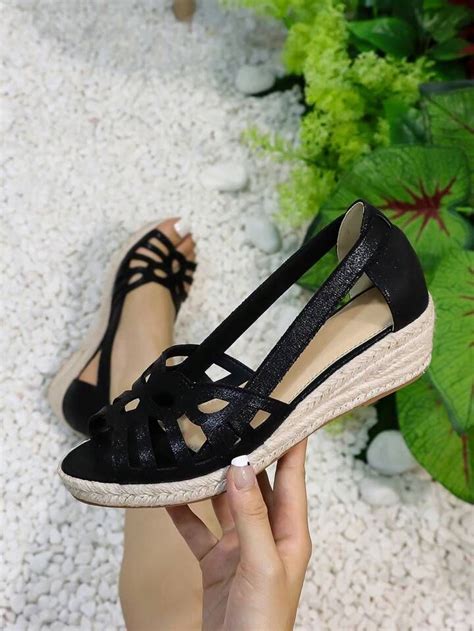 Women Metallic Hollow Out Espadrille Shoes Vacation Black Court Wedges