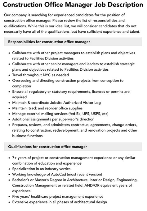 Construction Office Manager Job Description Velvet Jobs