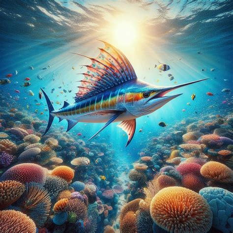 Ilustração hiper realista de um peixe animal um marlin azul um recife