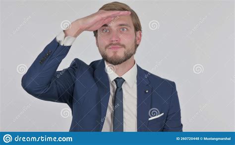 Young Businessman Looking Around Searching White Screen Stock Photo