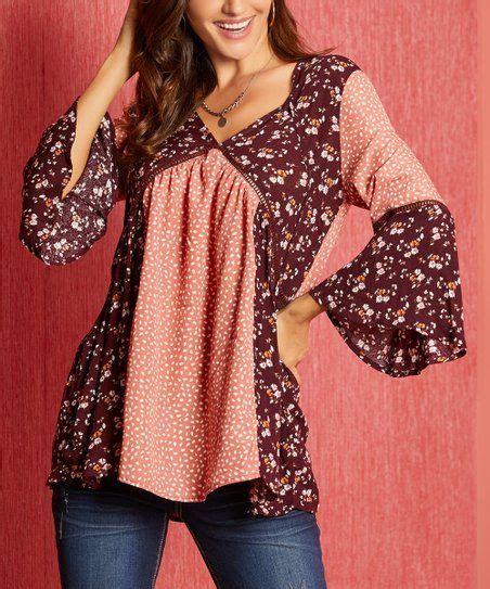 Suzanne Betro Weekend Maroon Pink Floral Bell Sleeve V Neck Top