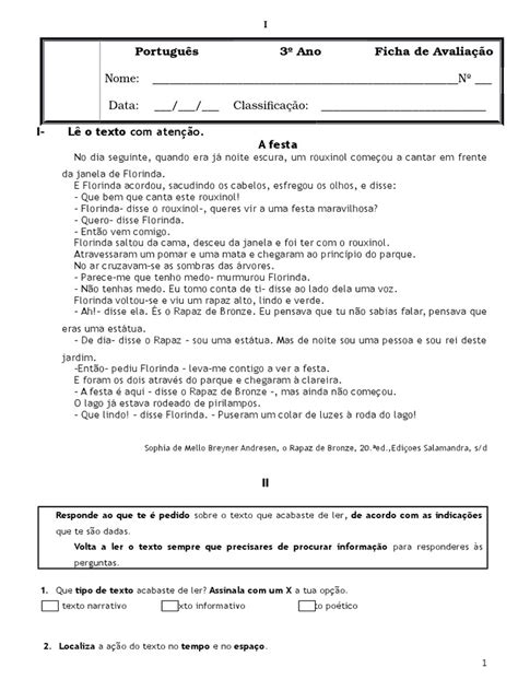 Ficha De Avaliação De Português 3º Ano Tipologia Linguística